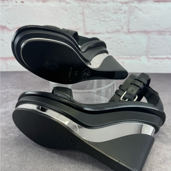 Alexander McQueen Black Leather Trompe L’oeil Wedge Strappy Sandals 8.5 - Picture 10 of 16